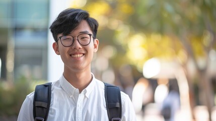 Obraz premium Young man smiling in a casual white shirt with a backpack, surrounded by blurred greenery and people in the background