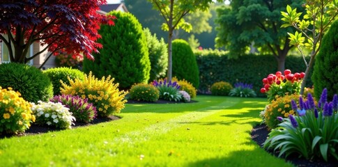 Fototapeta premium Beautifully manicured lawn and flowerbed with colorful shrubs and trees in a sunny yard, flowers, trees