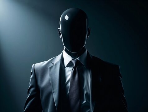 Black faceless figure wearing a business suit in a dark room illuminated by sunlight.