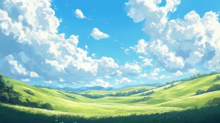 Obraz premium A serene and peaceful countryside view with rolling green hills under a sunny blue sky, decorated with scattered white clouds