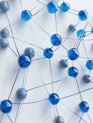 Abstract network illustration with interconnected blue nodes and lines on white background, representing data connections and digital communication.
