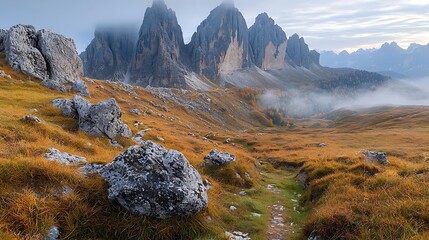 Autumnal Dolomites, misty mountain path, rocky landscape