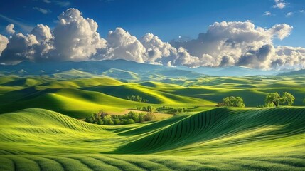 Obraz premium A stunning panoramic shot of rolling green fields under a crisp blue sky, with white clouds adding to the serene natural beauty
