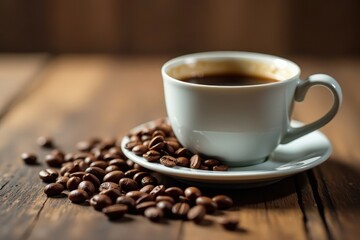 Fototapeta premium Close-up shot of a wooden table with a coffee cup and a scattering of whole coffee beans around it, crema, splash