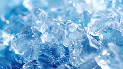 Close-up view of shimmering ice cubes resting on a blue surface, creating a refreshing atmosphere perfect for drinks