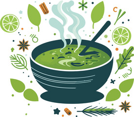 Flat Vector Illustration of a Steaming Bowl of Soup with Fresh Herbs