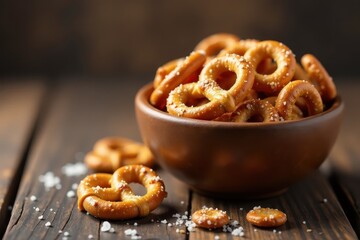 Crunchy pretzel bowl filled with salty pretzels and a few stray crumbs , snack, snacks