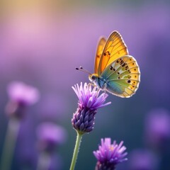 Fototapeta premium Delicate butterfly lands on purple lavender flower, insect, nature
