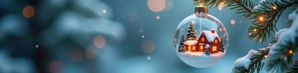 A glass ornament depicts a snowy village scene hanging from a frosted pine branch , holiday decoration, decoration, winter wonderland
