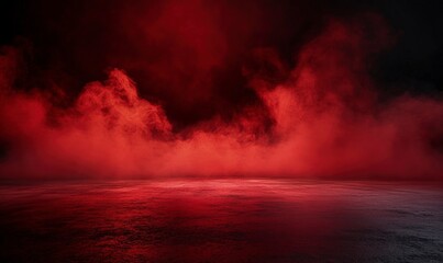 Black background with red smoke, concrete floor, dark room, night scene, studio backdrop for product display, abstract backdrop, mockup template