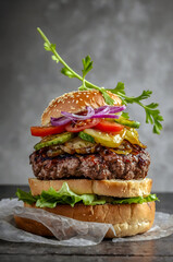 Gourmet Burger with Caramelized Onions, Pickles, and Artisanal Touch on Wooden Platter