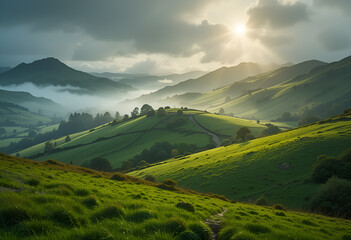 magnificent mountain landscape with green hills and valleys, fog. Clouds float beautifully across the sky, creating a feeling of tranquility and unity with nature.
