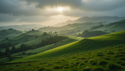 Fototapeta premium magnificent mountain landscape with green hills and valleys, fog. Clouds float beautifully across the sky, creating a feeling of tranquility and unity with nature.