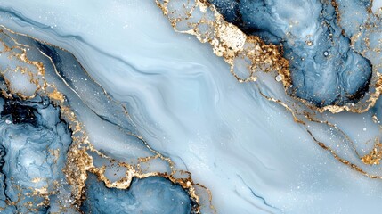 Fototapeta premium Swirling patterns of deep blue, light blue, and gold create a sophisticated abstract composition. The interplay of colors gives a sense of depth and fluidity