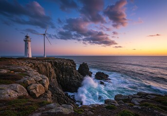 Eco-friendly lighthouse on a coastal cliff at sunset showcasing sustainable energy in a dramatic seascape