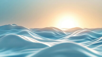 Gentle waves ripple across the surface of the ocean as the sun begins to rise, casting a warm golden light that reflects off the water, creating a tranquil setting