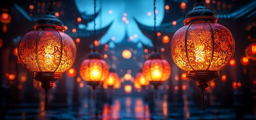  Glowing Red Lanterns in a Traditional Setting Under a Blue Sky