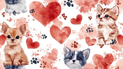 Adorable illustrations of puppies and kittens are surrounded by hearts and paw prints, creating a fun and playful design that appeals to pet lovers