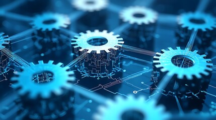 Gears connect on tech network, blue background