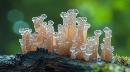 Crystal fungi on mossy branch, macro nature detail