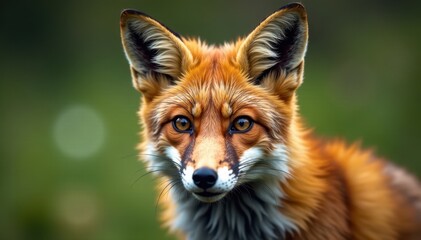 Fototapeta premium Fox looks straight into lens with intense stare, ears perked up, fox, closeup