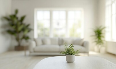 Blurred living room interior with a sofa, coffee table, and plants in a white color tone. Scandinavian home decor design. Blurry background of a minimalist apartment for decoration ideas