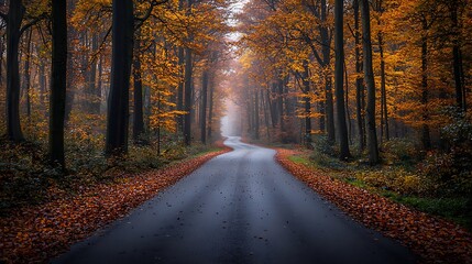 Fototapeta premium Autumnal forest road winding through colorful trees