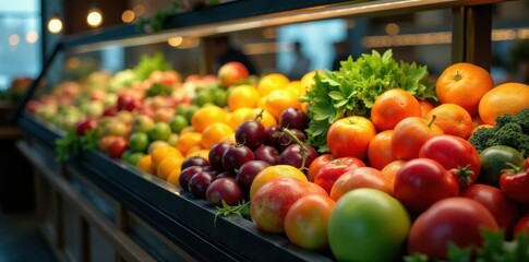Fresh produce displayed in a large glass case, healthy eating, locally sourced