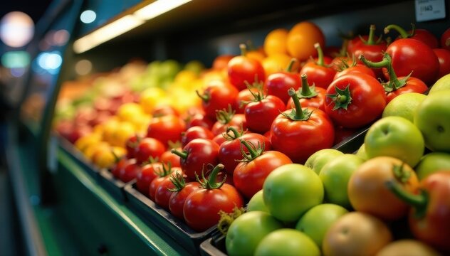 Fresh produce displayed in a vibrant display case, vibrant, locally sourced