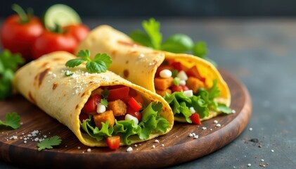 Freshly made fajita wraps with filling ingredients, bell peppers, fillings