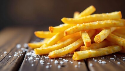 Frozen frame of French fries hitting the wooden surface with sprinkled salt , wood, texture