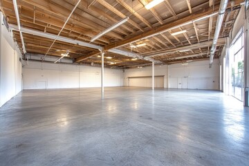 large empty warehouse with an open ceiling, showcasing the high ceilings and vast space for commercial use