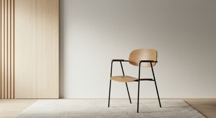 Minimalist interior scene featuring wooden chair against neutral textured backdrop