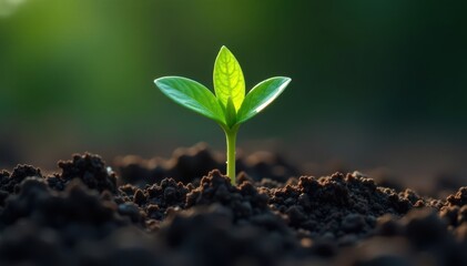 Green sprout emerging from dark earth surface , emergence, nature