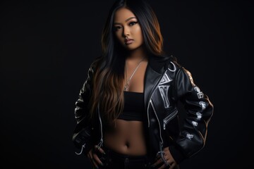 A woman in a black leather jacket with a black top and a necklace