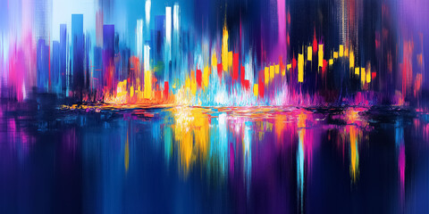 Obraz premium Bold brushstrokes and vivid colors illustrate the unpredictable nature of the stock market, showcasing dramatic fluctuations amidst an abstract cityscape at twilight