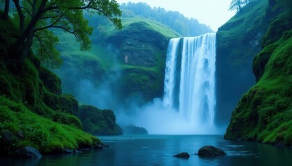 Majestic waterfall surrounded by lush greenery in misty atmosphere, leaves, misty