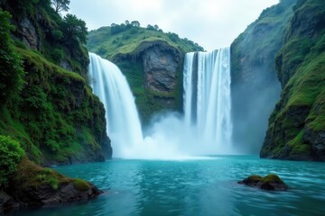 Fototapeta premium Misty veil surrounds Nuorilang Waterfall as it plunges into turquoise depths, misty, Sichuan