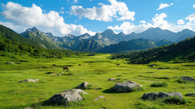 panoramic view of mountain landscape with wild animals grazing in lush green valley under bright blue sky