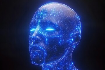 Futuristic Human-Like Head Displaying Intricate Blue Glow and Digital Patterns Against a Dark Background for Conceptual Technology Imagery