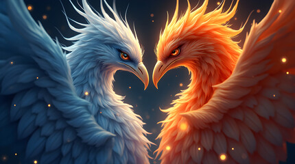 Obraz premium Vibrant Facing Blue Orange Phoenix Birds Digital Art