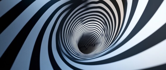 Optical illusion of a spiral tunnel created with black and white stripes enhancing depth perception in a highly detailed 3D rendering