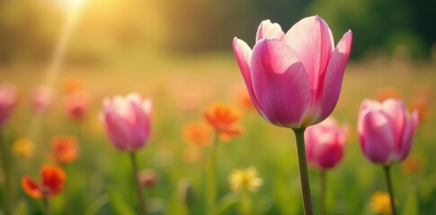 Fototapeta premium Pink Siam tulip blooms in a field of tall grasses and wildflowers, pink flowers, spring colors
