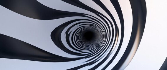 Optical illusion of a spiral tunnel created with black and white stripes enhancing depth perception in a highly detailed 3D rendering