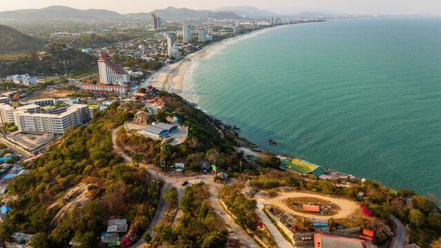 Aerial of Hua Hin beach Thailand coastline at sunset tropical travel destination 