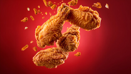 Falling fried chicken with a golden-brown crust on a red background