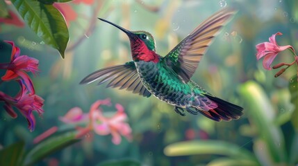 Obraz premium Vibrant hummingbird hovering among colorful tropical flowers in a lush, sunlit jungle environment