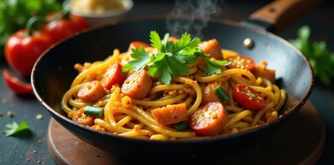 Sizzling Indonesian nasi goreng in hot wok with vegetables and meat, vegetables, pan