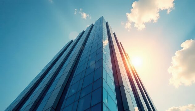 Sleek modern skyscraper with glass fa?ade reflecting sun's rays, contemporary, reflection