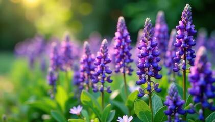 Naklejka premium Softly glowing lavender flowers lined with vibrant purple blossoms and lush green leaves in a serene garden setting, flower, blossom